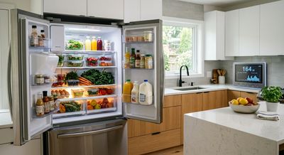 A modern kitchen scene with an open refrigerator showing fresh food and an energy monitor displaying wattage consumption.