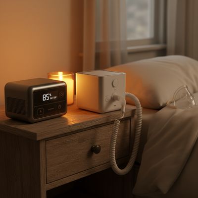 A portable power station sitting on a nightstand next to a CPAP machine with tubing, photographed in warm light during a power outage.
