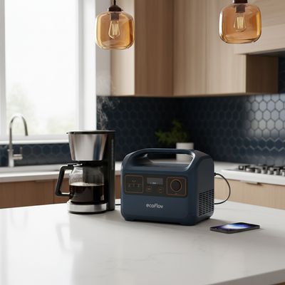 EcoFlow and Jackery portable power stations on a kitchen counter