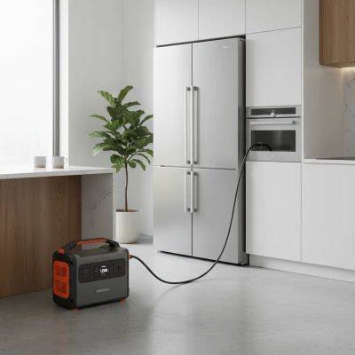 A portable power station sitting in a kitchen, connected to a stainless steel refrigerator.